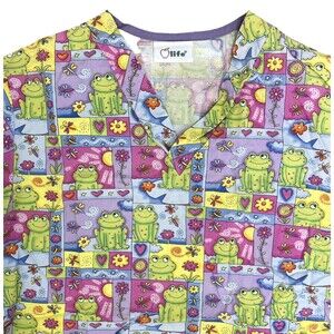 Apple Life Scrub Top Women Small S Frogs Flowers Colorful Pink Green Cute Spring